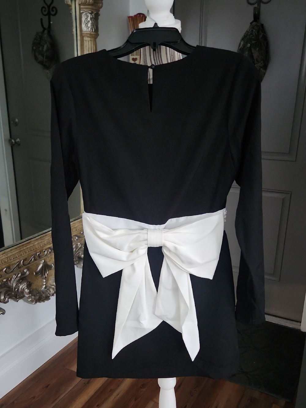 Black Long Sleeve Dress with White Waistband And Back Bow